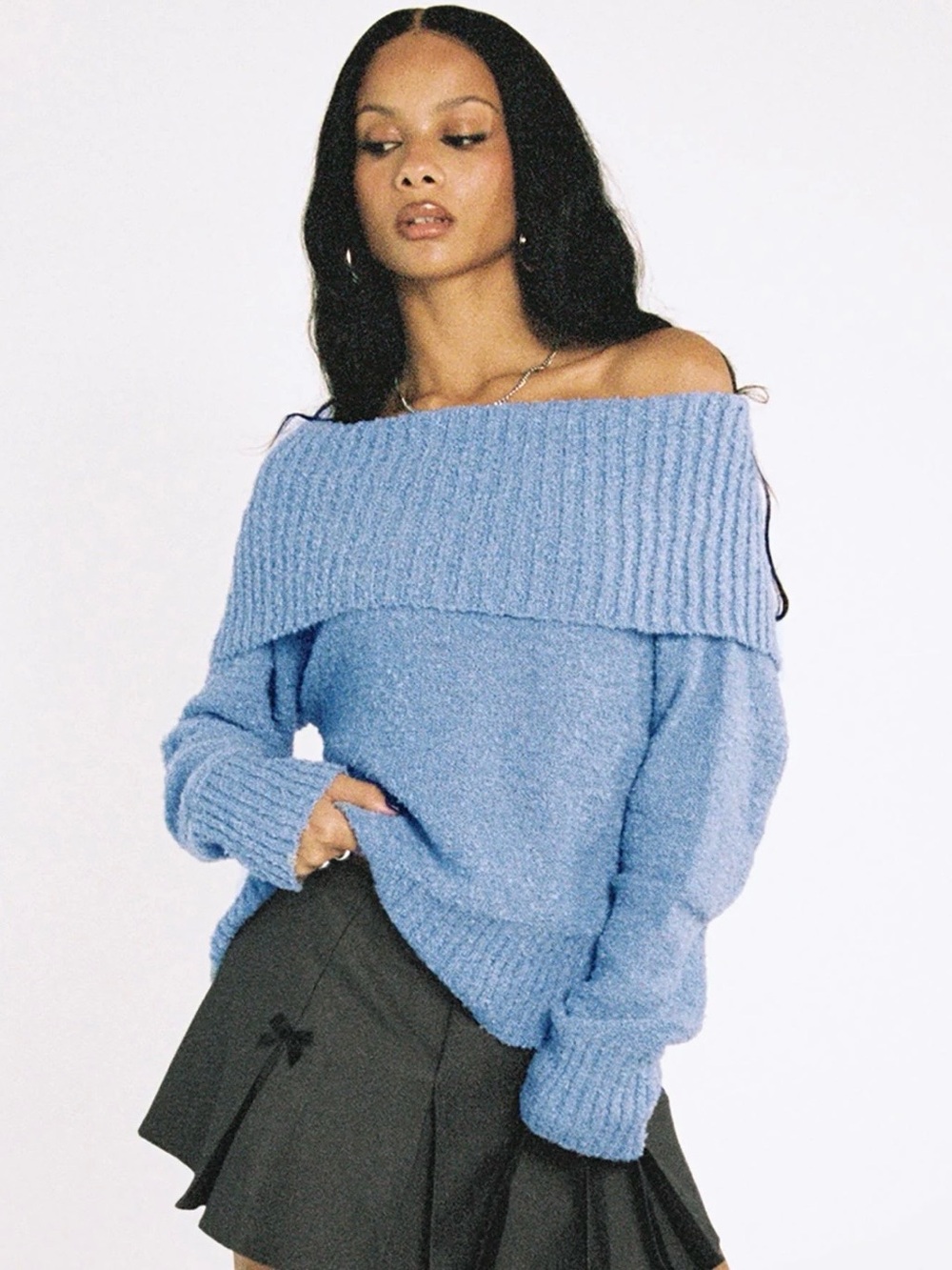 Princess Polly Light Blue Off-Shoulder Knit Sweater
